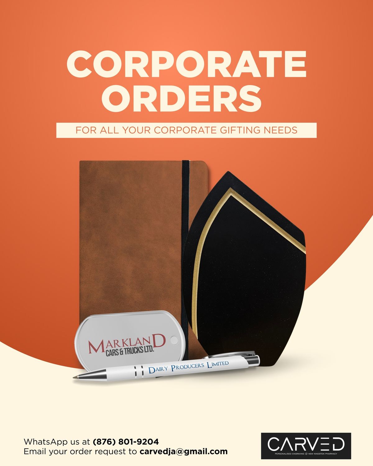 Assortment of corporate engraved gifts including notebooks, keychains, pens, plaques and dog tags