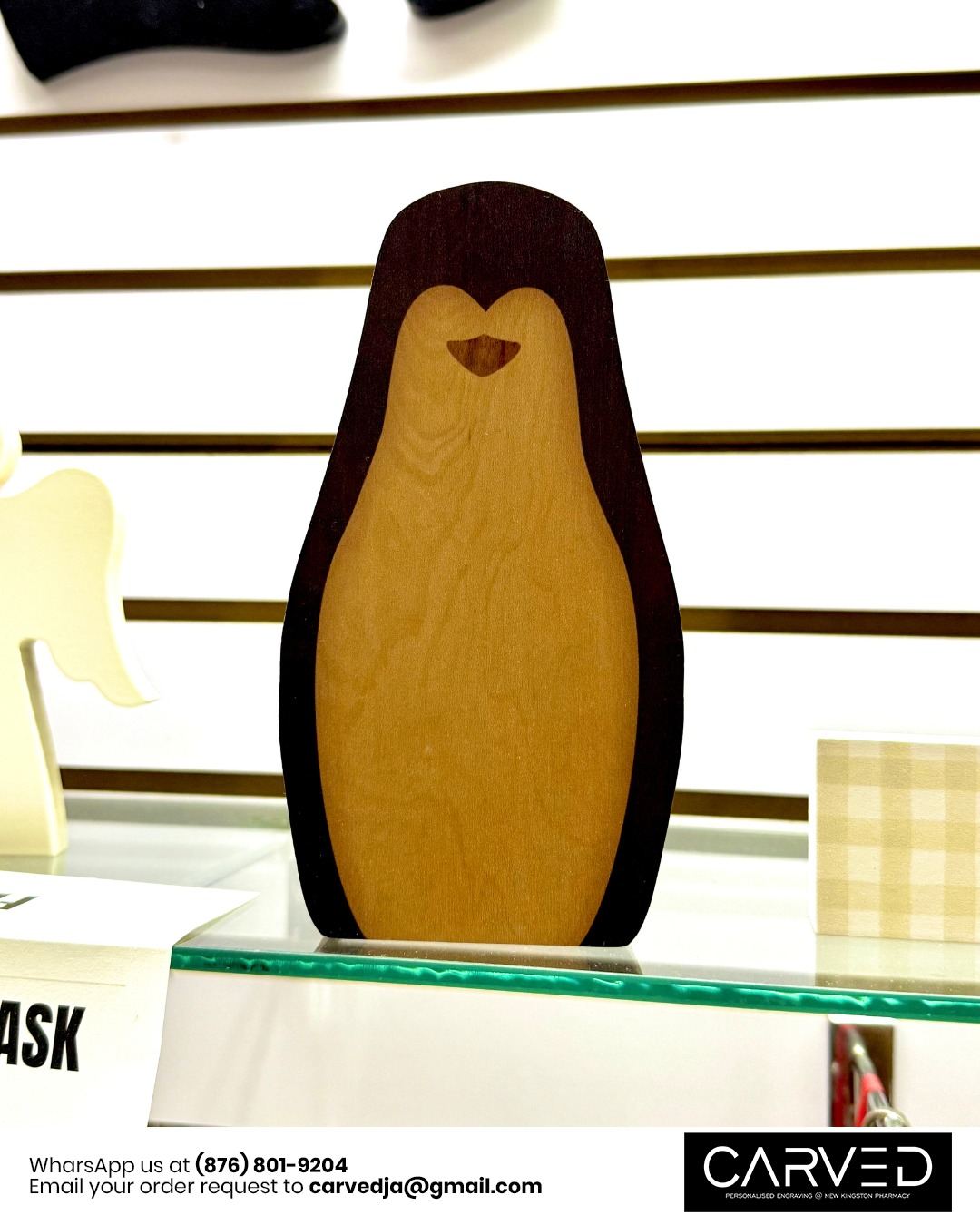 Wooden penguin keepsake personalized with a name or message