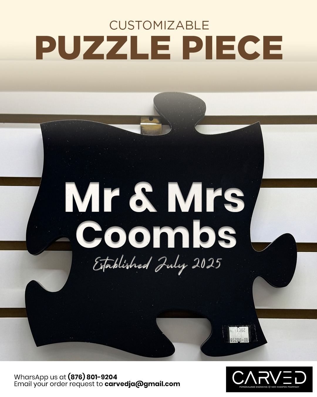 Customizable puzzle sign engraved with names and a wedding date